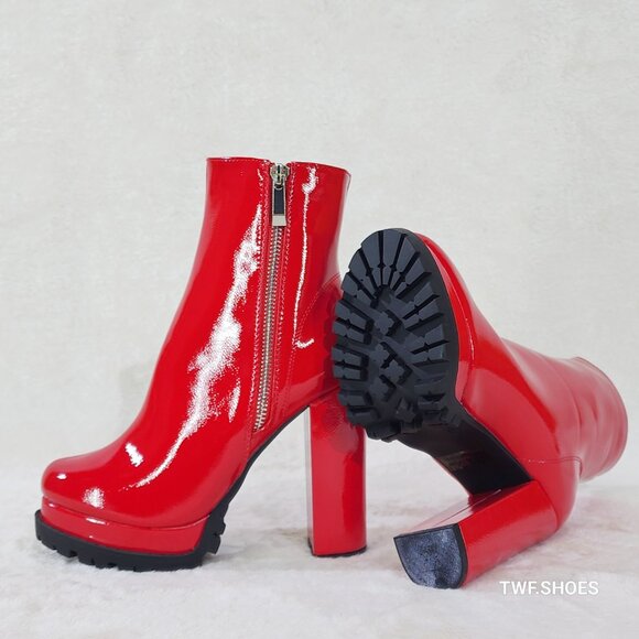 Wild Diva Vivian Red Patent Chunky Heel Platform Ankle Boots New - Picture 3 of 8